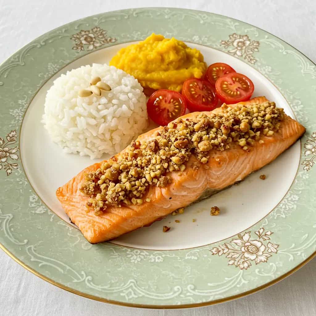 Salmão Grelhado com Pinoles e Molho de Mostarda