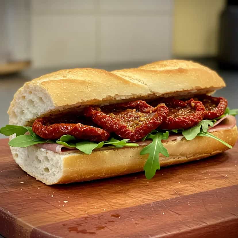 Foto deliciosa de Sanduíche de Metrô com Tomate Seco e Rúcula pronta para servir - Lanches de Padaria
