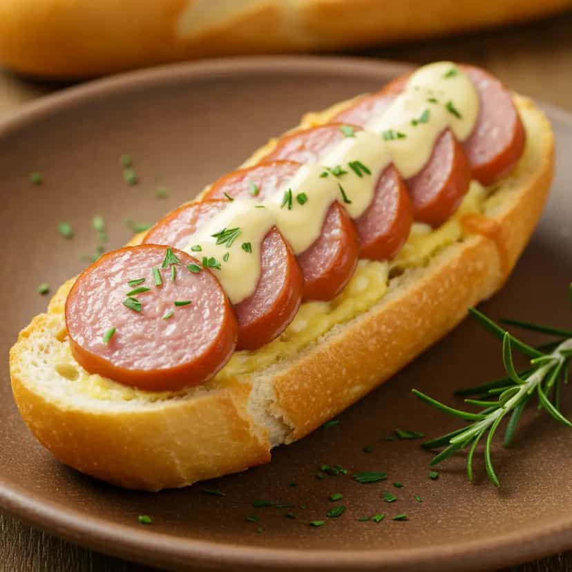 Foto deliciosa de Sanduíche de Salsicha com Molho de Queijo pronta para servir - Lanches de Padaria