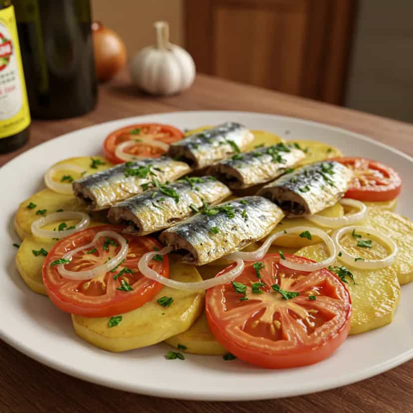 Foto deliciosa de Sardinha ao forno com batata, cebola e tomate pronta para servir - Peixes & Frutos do Mar