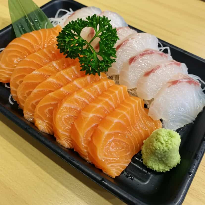 Foto deliciosa de Sashimi de Salmão e Dourado: Frescor e Elegância pronta para servir - Peixes & Frutos do Mar