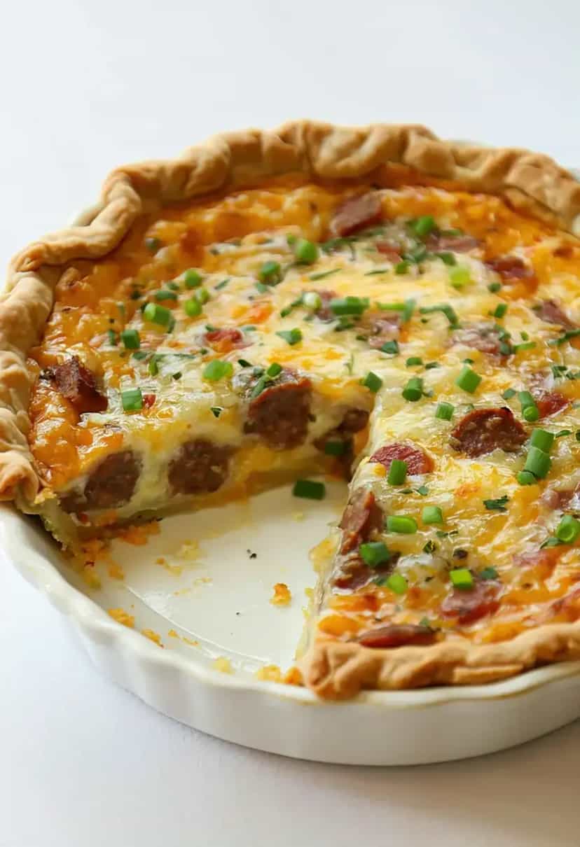 Foto deliciosa de Quiche Salgada de Linguiça e Queijo pronta para servir - Brunch