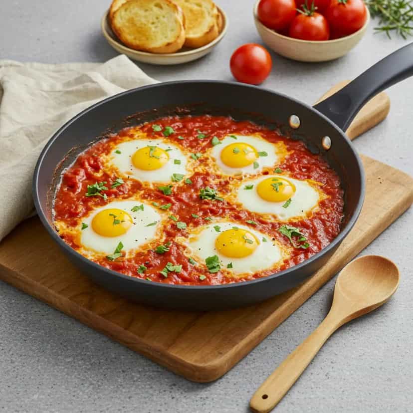Foto deliciosa de Shakshuka Brasileiro: Ovos Poché em Molho de Tomate pronta para servir - Brunch