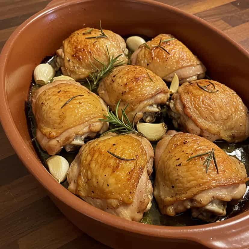 Foto deliciosa de Sobrecoxas de Frango ao Vinho Branco e Alecrim pronta para servir - Carnes & Frango