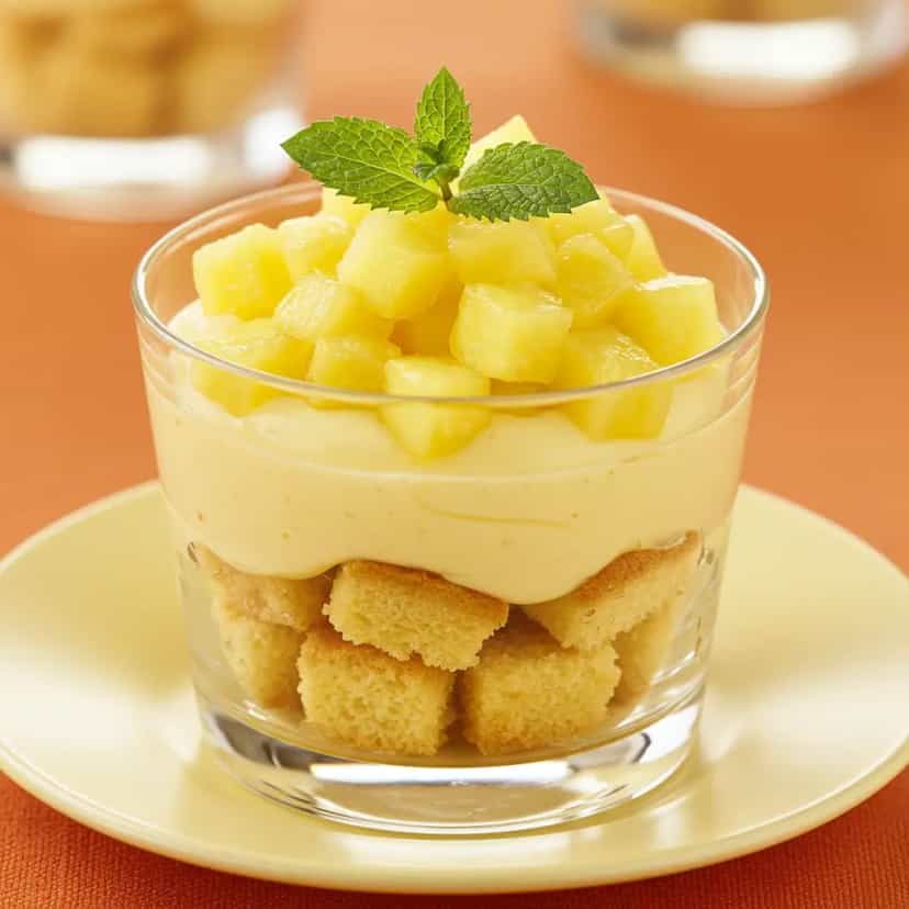 Foto deliciosa de Sobremesa de Abacaxi com Pão-de-ló e Creme de Baunilha pronta para servir - Outras Receitas