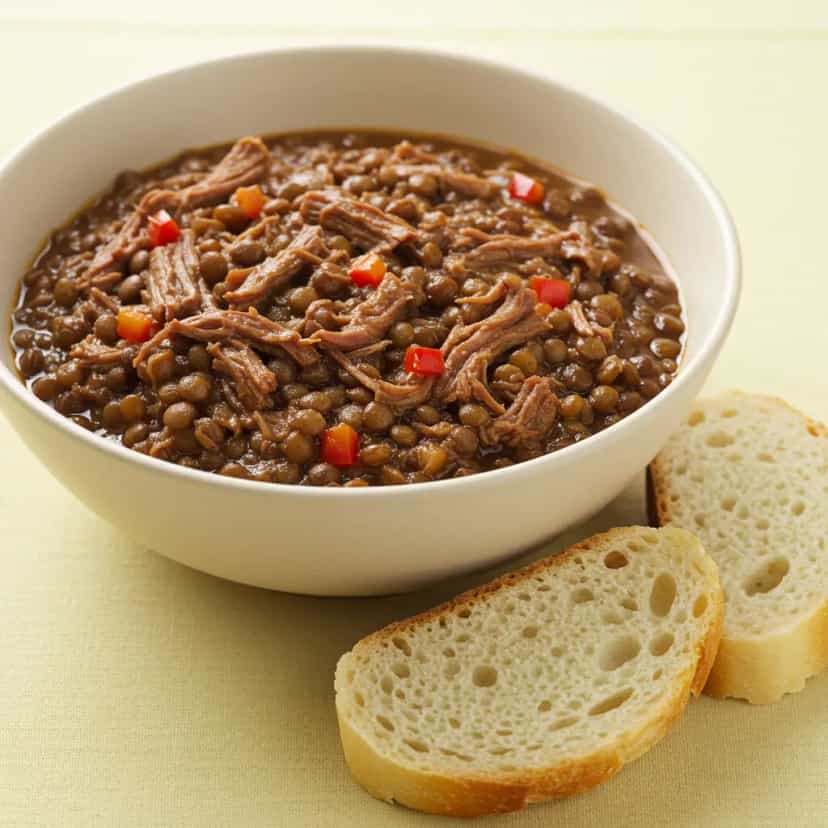 Foto deliciosa de Sopa Brasileira de Lentilha com Carne-Seca pronta para servir - Sopas & Caldos