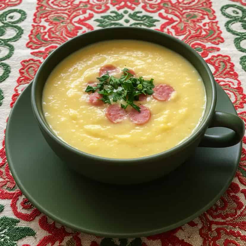 Sopa creme de aipim (mandioca) com linguiça e creme de leite