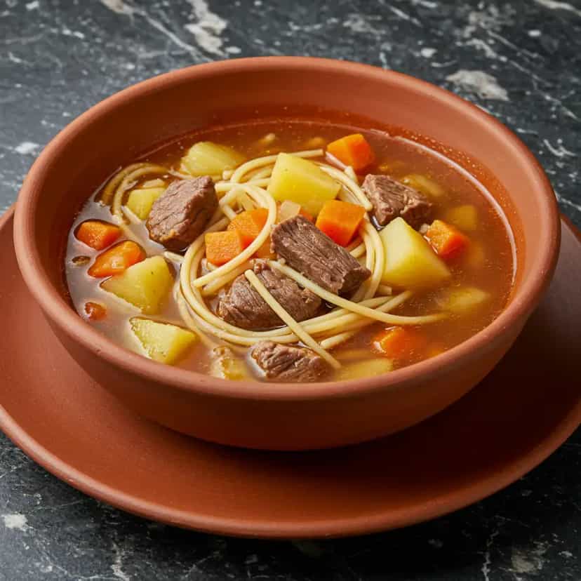 Foto deliciosa de Sopa de Carne com Legumes e Macarrão pronta para servir - Sopas & Caldos