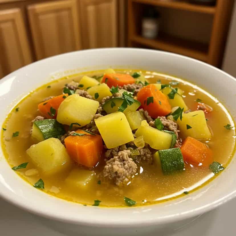 Foto deliciosa de Sopa de carne moída e legumes pronta para servir - Sopas & Caldos