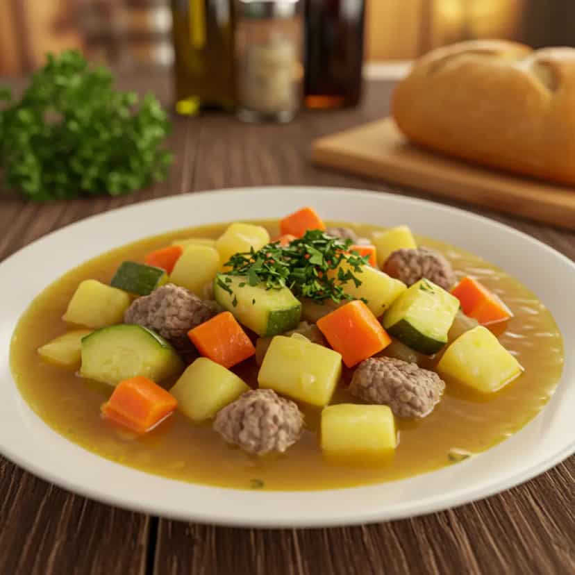 Foto deliciosa de Sopa de legumes com carne pronta para servir - Sopas & Caldos