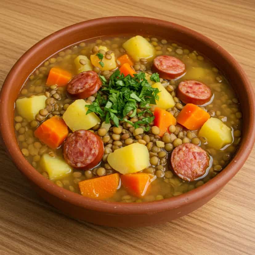 Foto deliciosa de Sopa de Lentilha com Pedacinhos de Calabresa pronta para servir - Sopas & Caldos