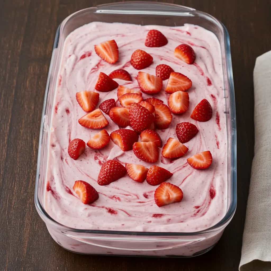 Sorvete Cremoso de Manjericão com Coulis de Morango