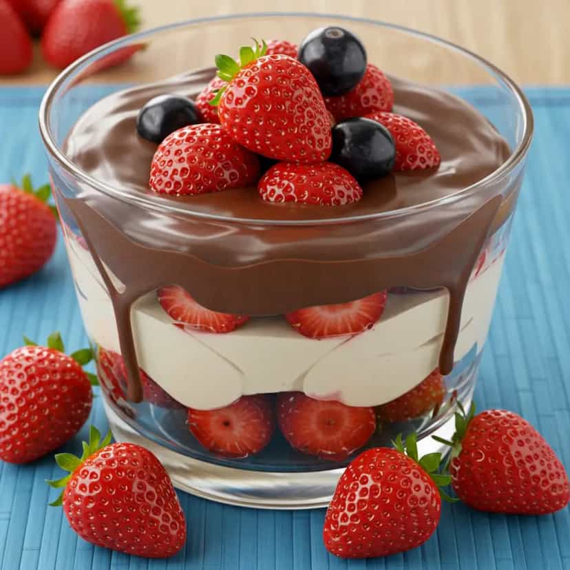 Foto deliciosa de Sorvete de Brigadeiro com Morangos e Uvas pronta para servir - Doces Gelados & Sorvetes