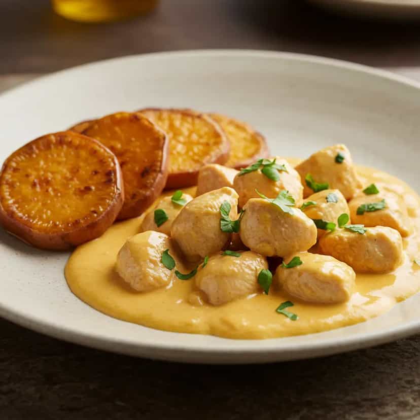 Foto deliciosa de Strogonoff de Frango Fit com Batata-Doce Assada pronta para servir - Carnes & Frango