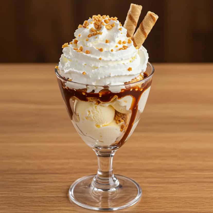 Foto deliciosa de Sundae Colegial pronta para servir - Doces Gelados & Sorvetes