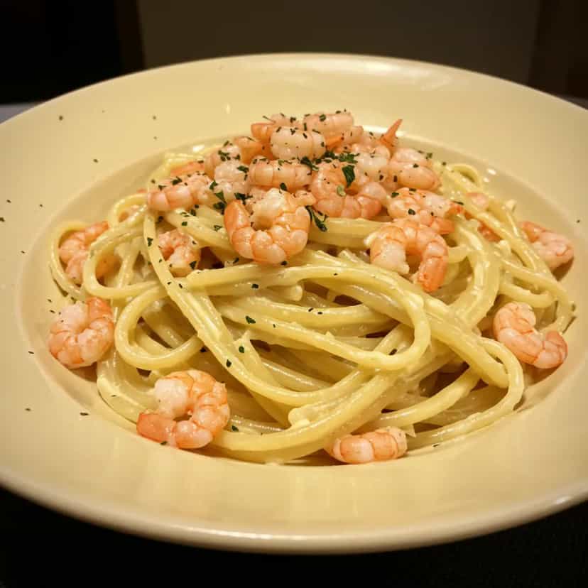 Foto deliciosa de Talharim cremoso com camarões e quatro queijos pronta para servir - Massas & Macarrão