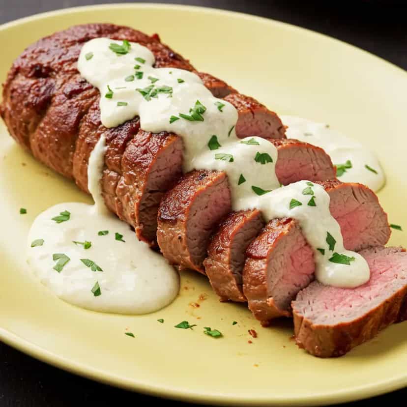 Foto deliciosa de Tender assado com Molho de Coco e Creme de Leite pronta para servir - Carnes & Frango