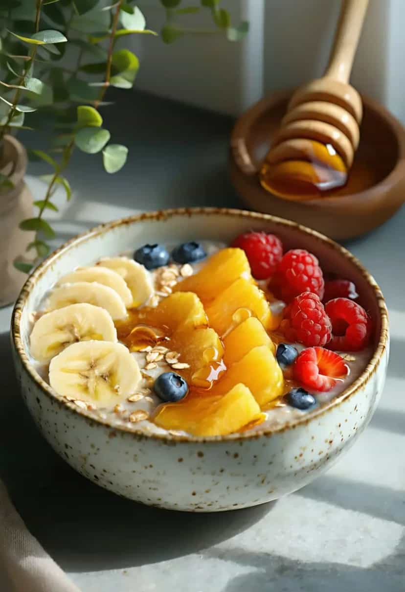 Foto deliciosa de Tigela de Aveia com Frutas e Mel pronta para servir - Aveia