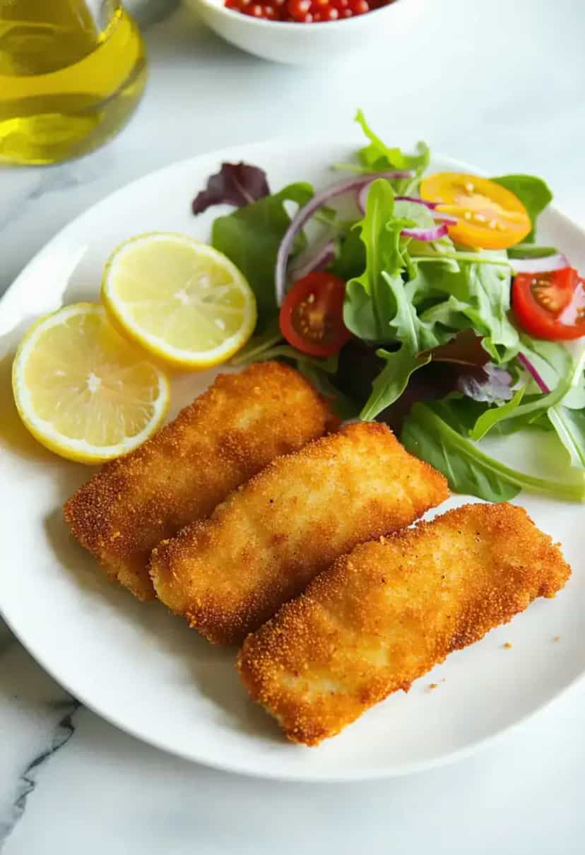 Foto deliciosa de Tilápia à Milanesa Crocante pronta para servir - Peixes & Frutos do Mar
