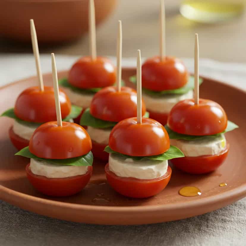 Foto deliciosa de Tomates Cereja com Queijo Minas: Aperitivo Delicioso pronta para servir - Snacks Naturais