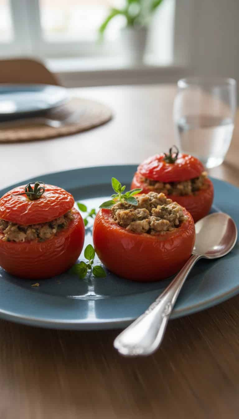 Tomates recheados com carne moída e pimentão