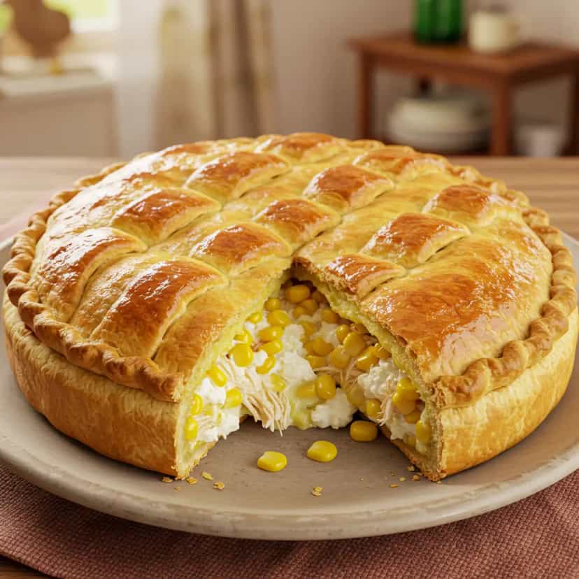 Foto deliciosa de Torta de frango com cream cheese e milho pronta para servir - Lanches de Padaria