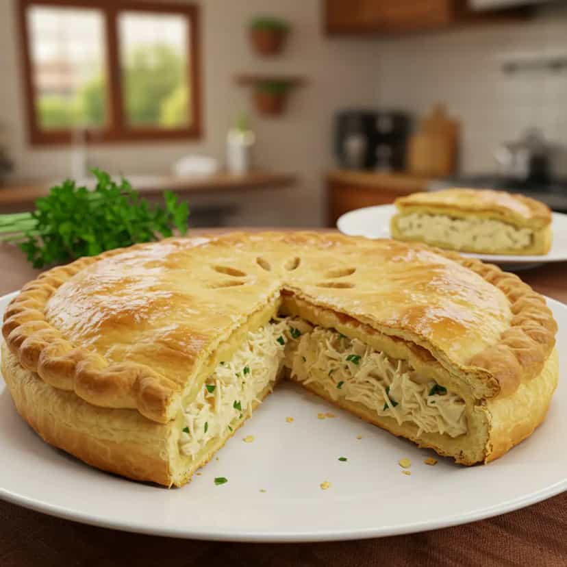 Foto deliciosa de Torta de Frango com Requeijão Cremosa pronta para servir - Tortas Salgadas