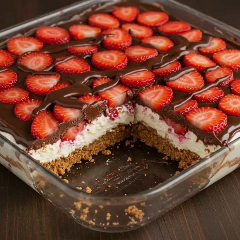 Foto deliciosa de Torta Gelada de Morango e Chocolate com Krokitos pronta para servir - Tortas & Tortinhas