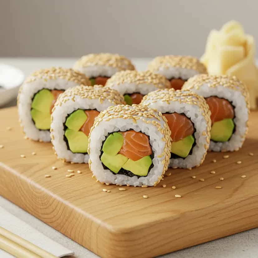Foto deliciosa de Uramaki de Pele de Salmão pronta para servir - Peixes & Frutos do Mar