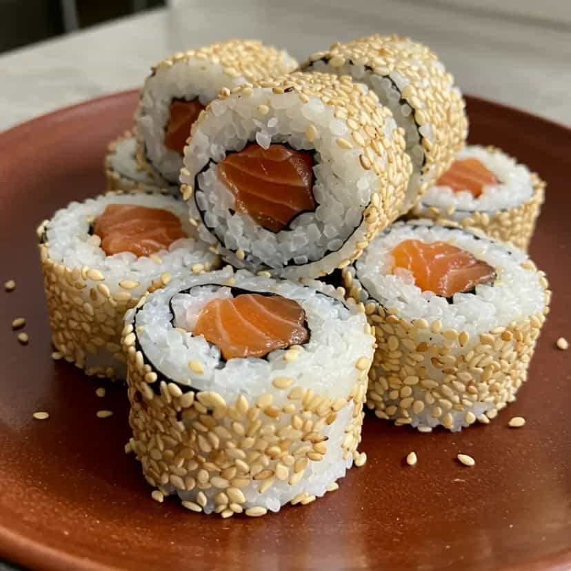 Foto deliciosa de Uramaki e Sushi de Salmão com Pele Crocante pronta para servir - Peixes & Frutos do Mar