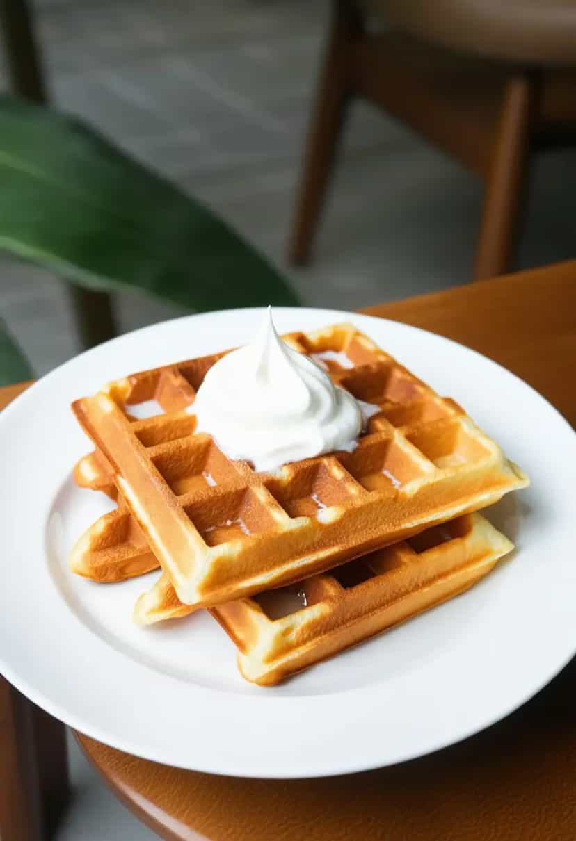 Foto deliciosa de Waffles com Creme de Leite pronta para servir - Panquecas & Waffles