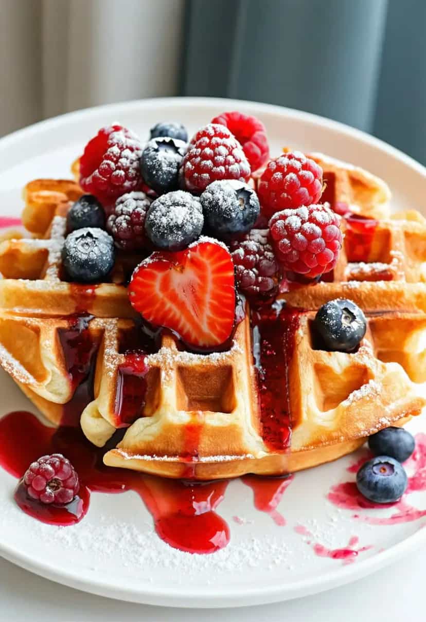 Foto deliciosa de Waffles Crocantes com Frutas Vermelhas pronta para servir - Panquecas & Waffles