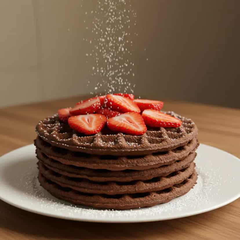 Foto deliciosa de Waffles de Chocolate com Morangos pronta para servir - Panquecas & Waffles
