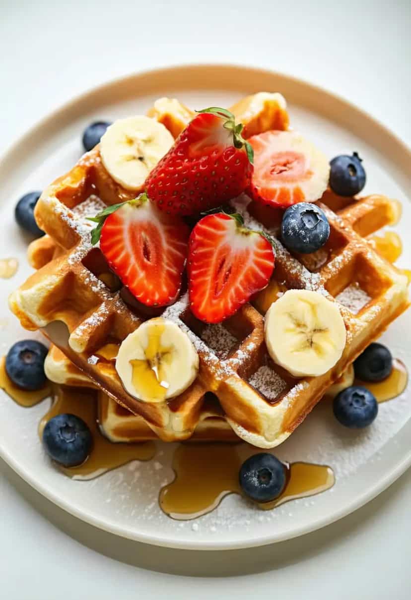 Foto deliciosa de Waffles de Proteína com Frutas pronta para servir - Panquecas & Waffles