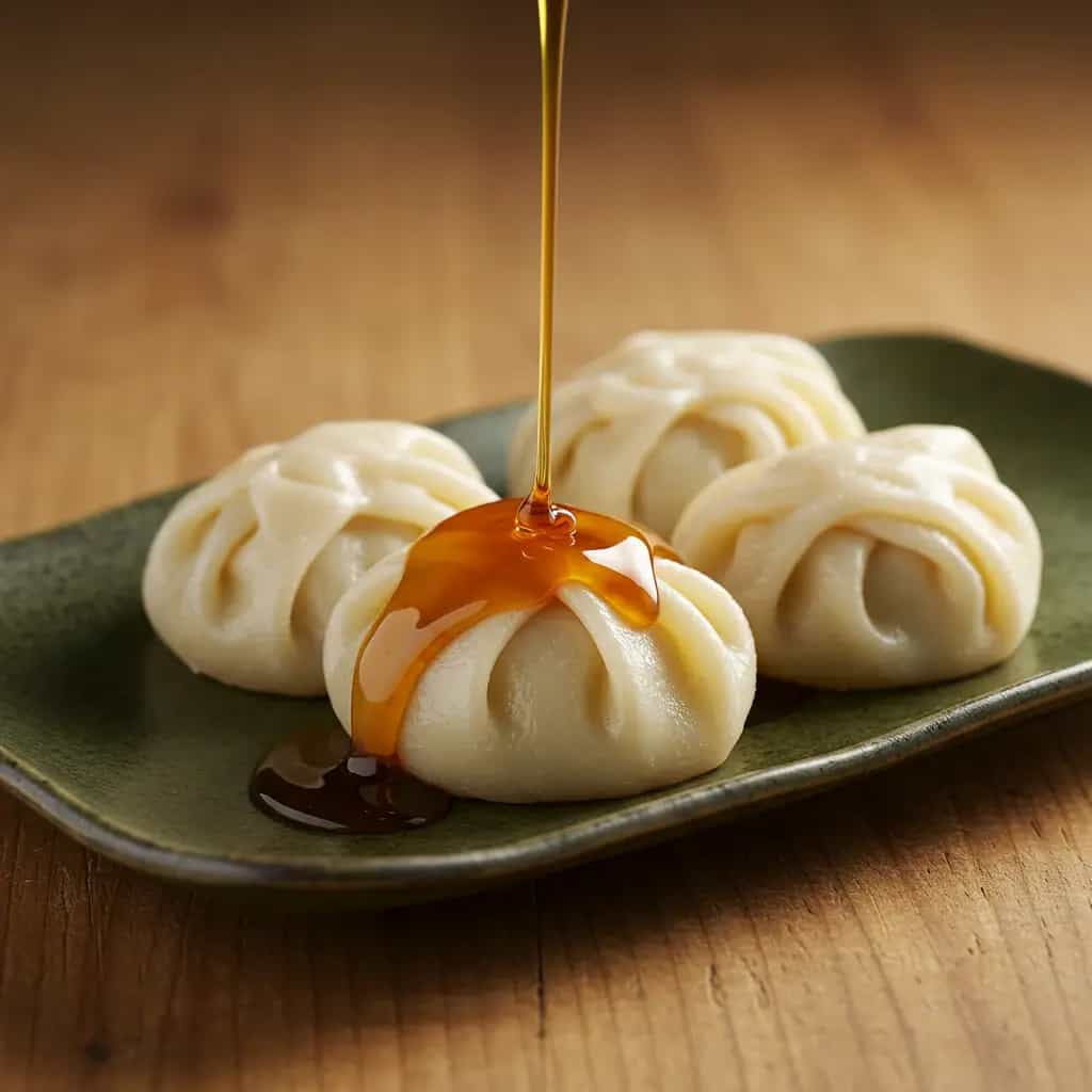 Wantans de Camarão ao Vapor com Mel de Maçã Caramelizado