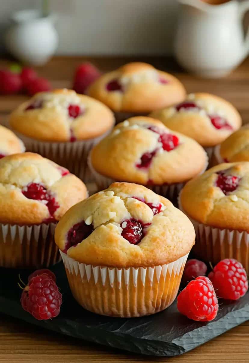 Foto deliciosa de Muffins de Chocolate Branco e Framboesa pronta para servir - Lanches de Padaria