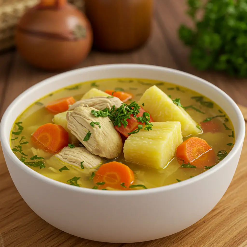 Caldo de Frango com Mandioca Caseiro