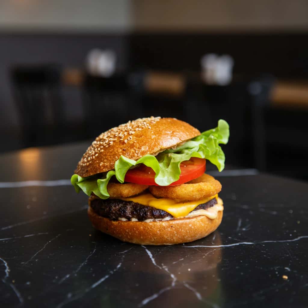 Cheeseburger Fitness com Onion Rings