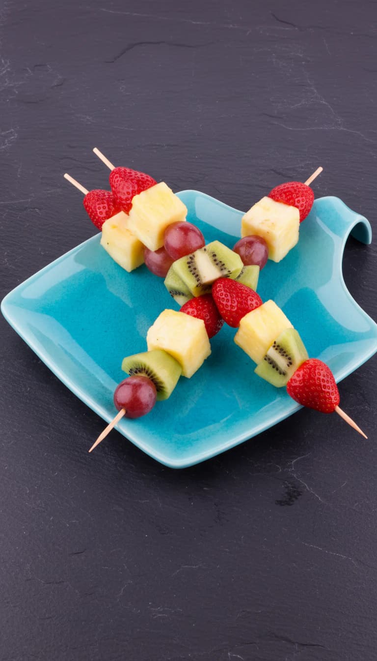 Espetinhos de Frutas Tropicais com Calda de Melancia