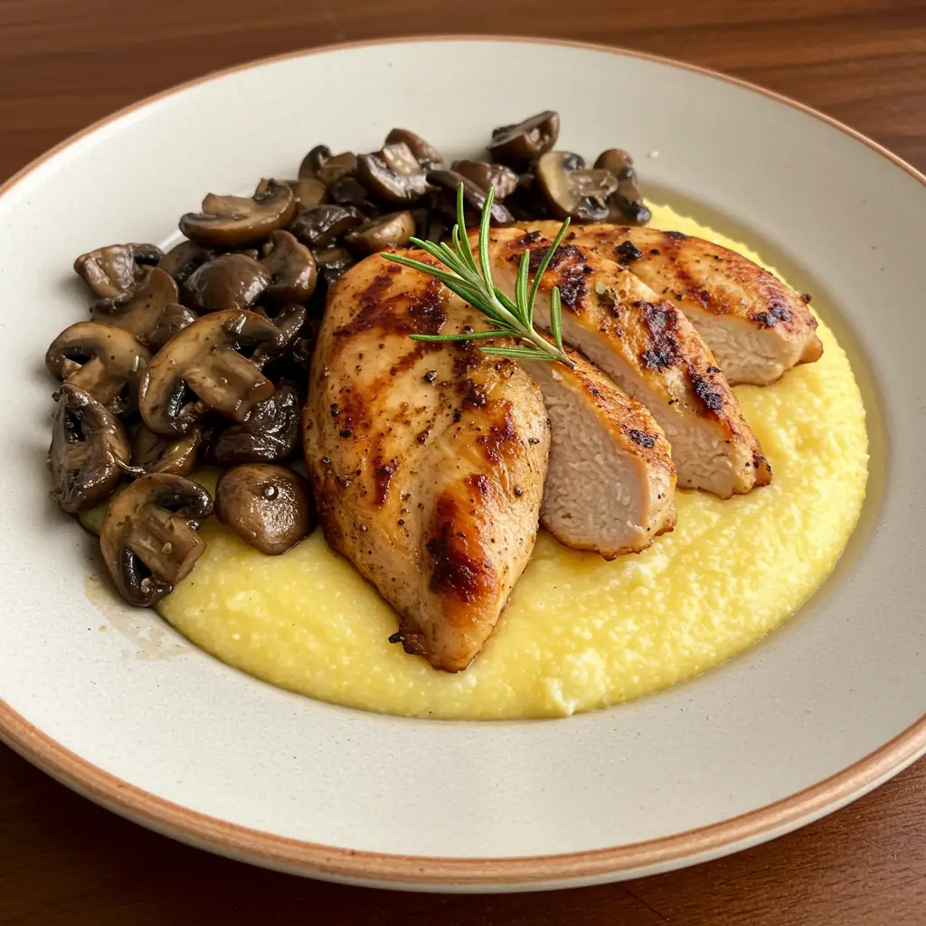 Filé de Frango ao Molho de Soja com Polenta Cremosa e Cogumelos