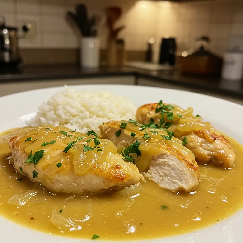 Filé de Frango (100% vegetal) na Sopa de Cebola