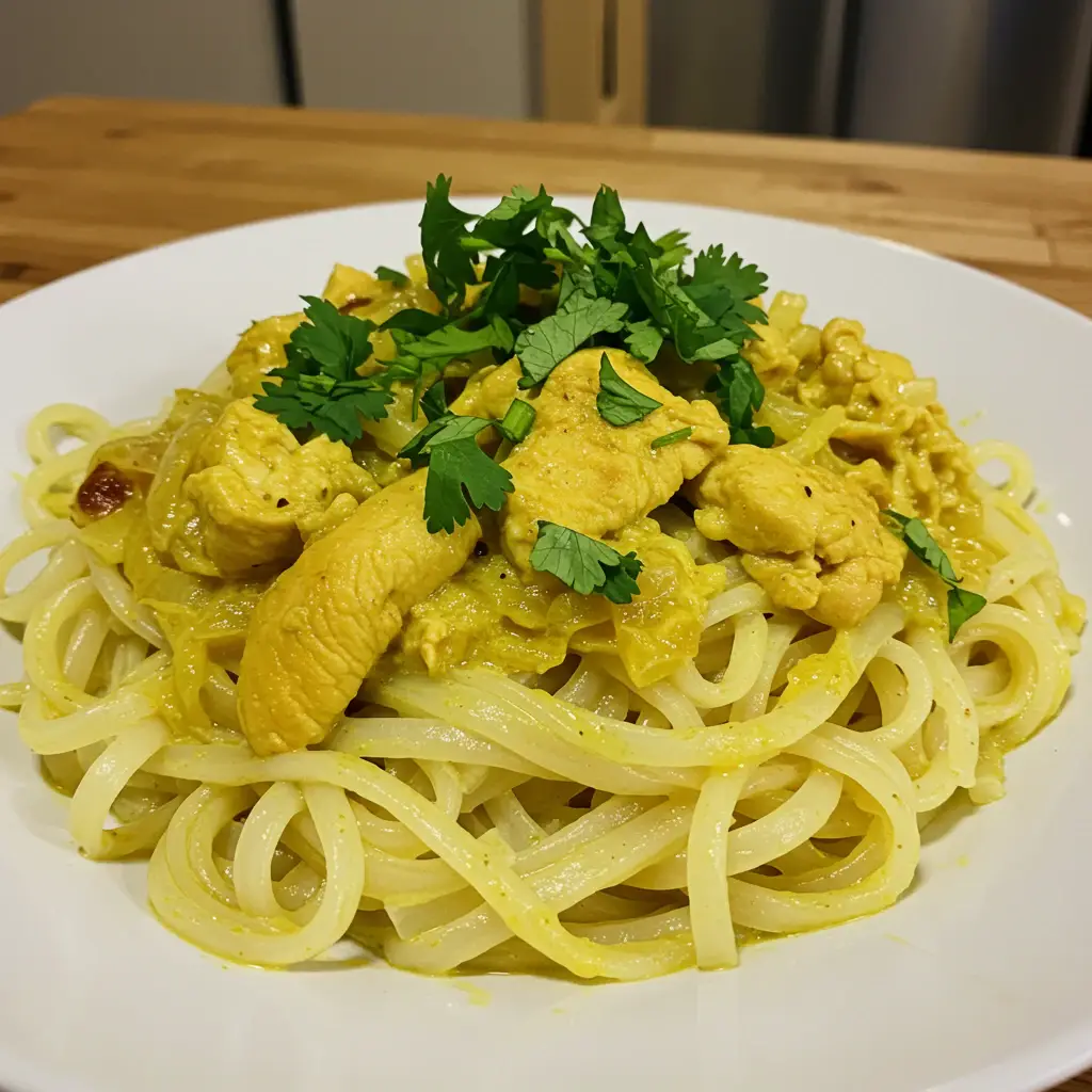 Macarrão com Frango ao Curry Delicioso