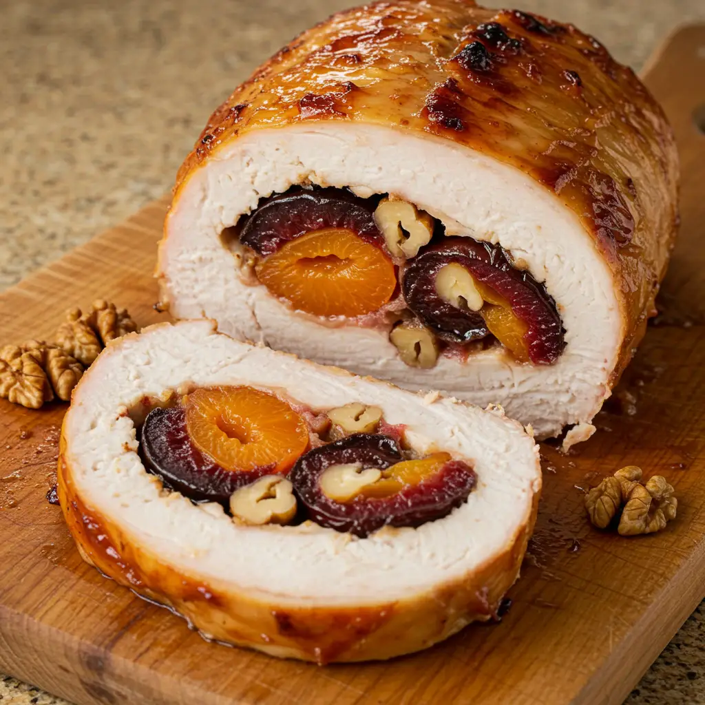 Peito de Peru Recheado com Ameixas, Damascos e Nozes