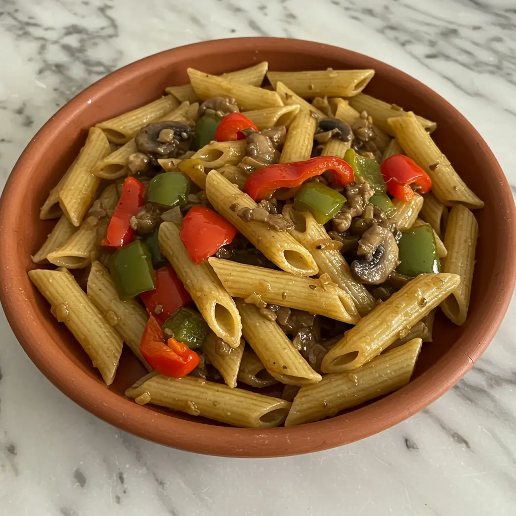 Penne com Molho de Carne e Pimentões