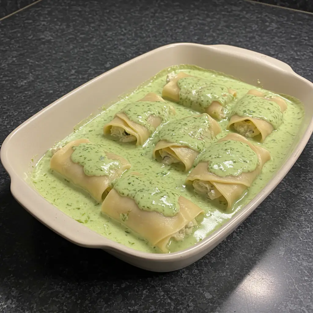 Rolinhos de Merluza ao Molho Branco com Espinafre